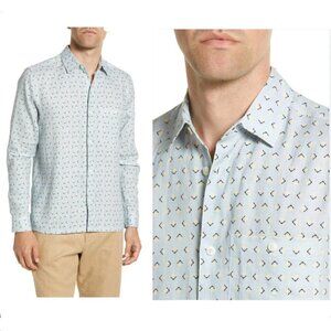 Ted Baker 100% Linen Arnel Geometric Print Button Down Summer Shirt Sz 4 (Large)